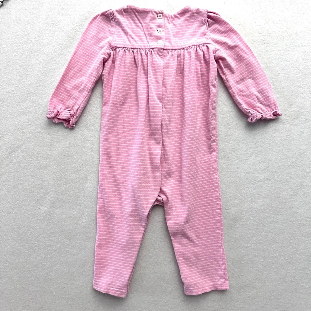 Ralph Lauren Baby Girl 9M Striped Ruffle Cotton Coverall Romper Pink White Snap